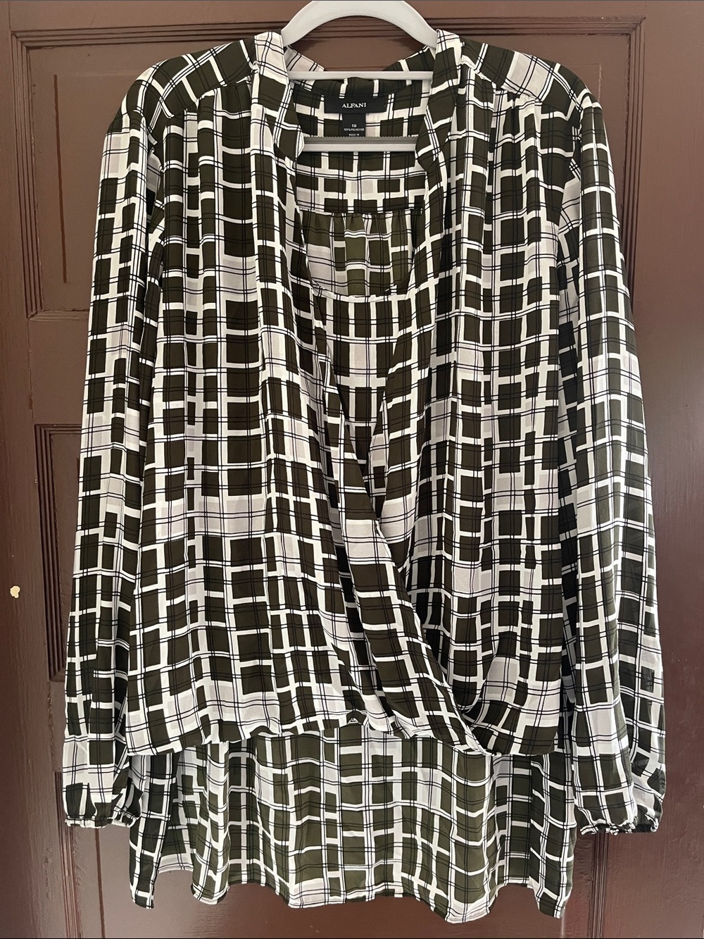 Alfani Olive Green and White Plaid Draped Blouse - Picture 1 of 4